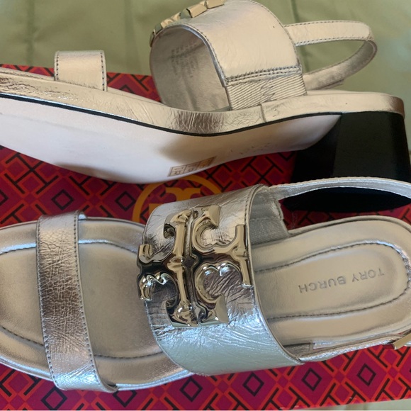 Tory Burch Eleanor Heel Sandal 55mm Metallic Leather-Silver s.5 - Picture 5 of 7